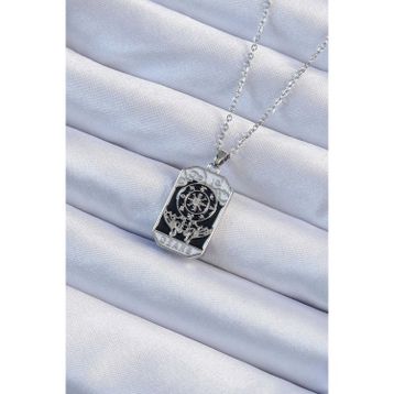 Clariss 316L Çelik Zincir Gümüş Renk İşlemeli Siyah Mineli Tarot Kolye