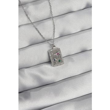 Clariss 316L Çelik Zincir Gümüş Renk Renkli Zirkon Taşlı Vintage Kolye