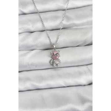 Clariss 316L Çelik Zincir Gümüş Renk Teddy Bear Model Zirkon Taşlı Kadın Kolye