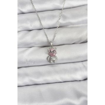 Clariss 316L Çelik Zincir Gümüş Renk Teddy Bear Model Zirkon Taşlı Kadın Kolye