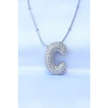 Clariss 316L Çelik Zincirli Zirkon Taşlı C Harfli Gümüş Renk Bubble Kolye