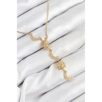 Clariss 316L Çelik Zirkon Taşlı Ay Ve Güneş Model Gold Renk Kadın Kolye