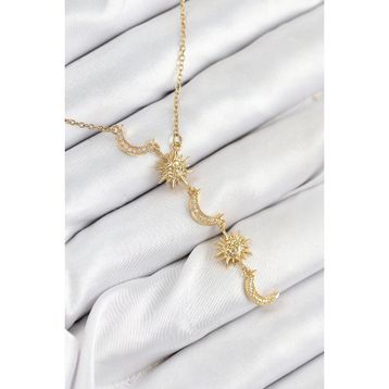 Clariss 316L Çelik Zirkon Taşlı Ay Ve Güneş Model Gold Renk Kadın Kolye