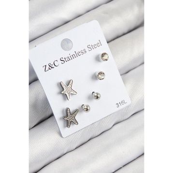 Clariss 316L Çelik Zirkon Taşlı Deniz Yıldızı Model Gümüş Renk Kadın Set Küpe