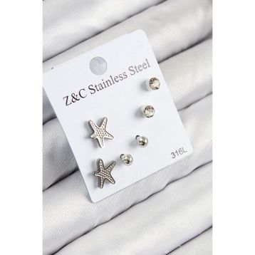 Clariss 316L Çelik Zirkon Taşlı Deniz Yıldızı Model Gümüş Renk Kadın Set Küpe