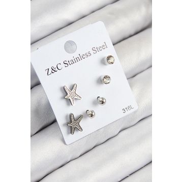 Clariss 316L Çelik Zirkon Taşlı Deniz Yıldızı Model Gümüş Renk Kadın Set Küpe