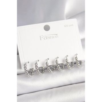 Clariss 925 Ayar Gümüş Çivi Pirinç Gümüş Renk Sarmal Halka Model Kadın Küpe Seti