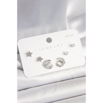 Clariss 925 Ayar Gümüş Çivi Zirkon Taşlı Hilal Yıldız Model Kadın Küpe Seti