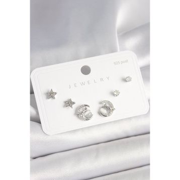 Clariss 925 Ayar Gümüş Çivi Zirkon Taşlı Hilal Yıldız Model Kadın Küpe Seti