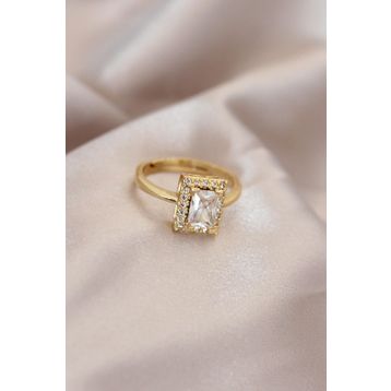 Clariss Ayarlamalı Gold Renk Metal Zirkon ve Kristal Taşlı Dikdörtgen Model Yüzük