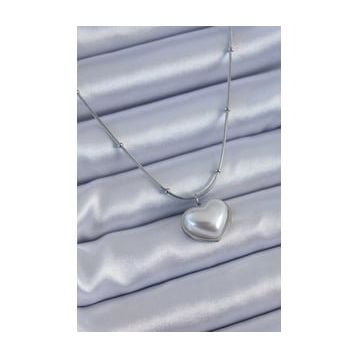Clariss BJ-BKO7614 316L Çelik Gümüş Renk İncili Kalp Model Minimal Top Detay Kadın Kolye
