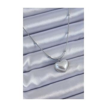 Clariss BJ-BKO7614 316L Çelik Gümüş Renk İncili Kalp Model Minimal Top Detay Kadın Kolye