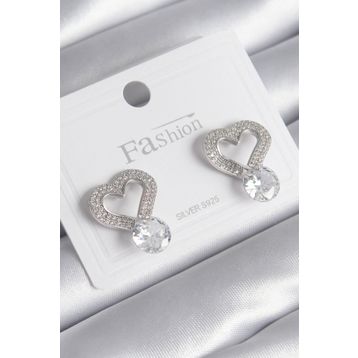 Clariss BKP8534 Pirinç Gümüş Renk Zirkon Taşlı Kalp Model Damla Zirkon Taş Detay Kadın Küpe