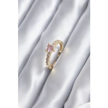 Clariss BYK2852 Gold Renk Zirkon Taşlı Pembe Kristal Kalp Model Kadın Yüzük