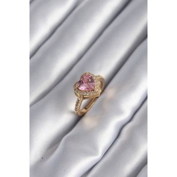 Clariss BYK2951 Pirinç Gold Renk Pembe Zirkon Taşlı Charm Kalp Model Kadın Yüzük