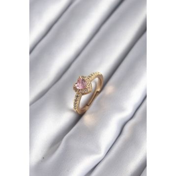 Clariss BYK2957 Pirinç Gold Renk Pembe Zirkon Taş Kalp Charm Model Kadın Yüzük