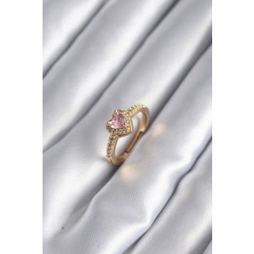 Clariss BYK2957 Pirinç Gold Renk Pembe Zirkon Taş Kalp Charm Model Kadın Yüzük