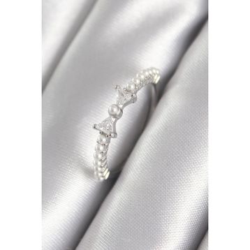 Clariss BYK3060 Pirinç Gümüş Renk Zirkon Taşlı Kurdele Model İnci Detay Kadın Yüzük
