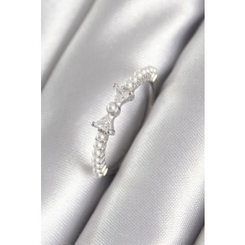 Clariss BYK3060 Pirinç Gümüş Renk Zirkon Taşlı Kurdele Model İnci Detay Kadın Yüzük