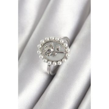 Clariss BYK3064 Pirinç Gümüş Renk Portre Gül Model İnci Detay Kadın Yüzük