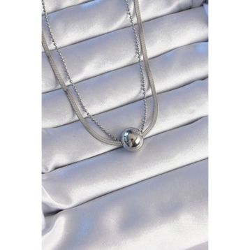 Clariss EBJ240714W25385 316L Çelik Çift Zincirli Gümüş Renk Topçuk İtalyan Model Kolye