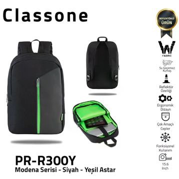 Classone Modena Pr-R300Y 15.6″ Reflektörlü Siyah Notebook Sırt Çantası