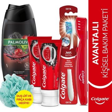 Colgate Diş Macunu 2x50 ml Orta Diş Fırçası, Palmolive Men Erkek Duş Jeli 500 ml + Duş Lifi Fırça Kabı