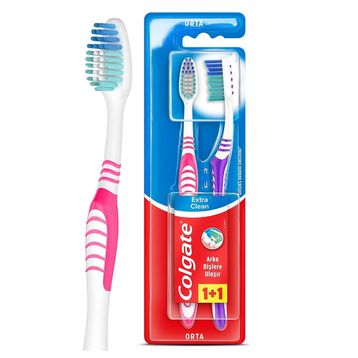 Colgate Extra Clean Orta 1+1 Pembe-Mor Diş Fırçası