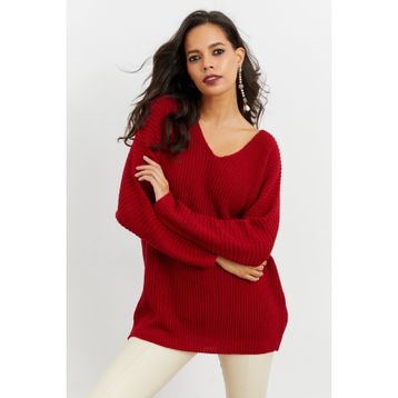 Cool & Sexy SMT158 Kadın Bordo V Yaka Salaş Triko Tunik