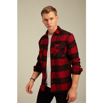 Cool Tarz CPODG001 Kırmızı Erkek Slim Fit Düğmeli Yaka Çift Cepli Oduncu Ekose Gömlek