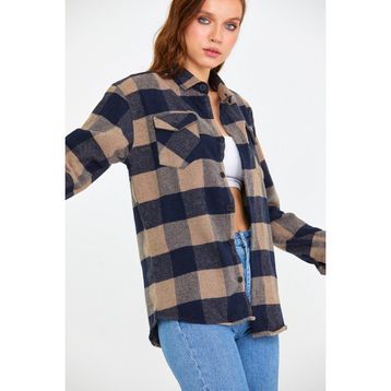 Cool Tarz KCPODG001 Kahverengi Kadın Slim Fit Düğmeli Yaka Çift Cepli Oduncu Ekose Gömlek