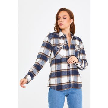 Cool Tarz KCPODG001 Mavi Kahverengi Kadın Slim Fit Düğmeli Yaka Çift Cepli Oduncu Ekose Gömlek