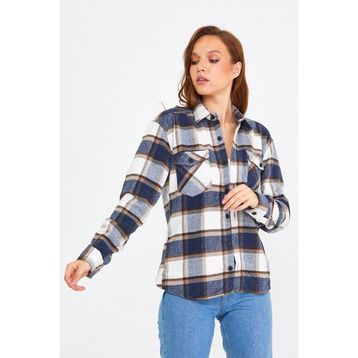 Cool Tarz KCPODG001 Mavi Kahverengi Kadın Slim Fit Düğmeli Yaka Çift Cepli Oduncu Ekose Gömlek