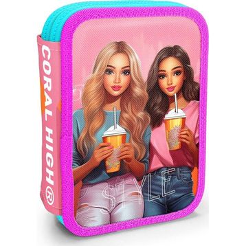Coral High 11141 Kids Pembe Neon Mercan Fashion Girl Desenli Çift Katlı Kalem Çanta
