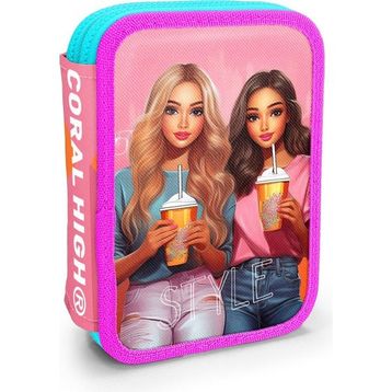 Coral High 11141 Kids Pembe Neon Mercan Fashion Girl Desenli Çift Katlı Kalem Çanta