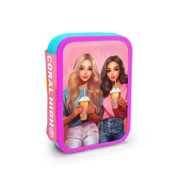 Coral High 11141 Kids Pembe Neon Mercan Fashion Girl Desenli Çift Katlı Kalem Çanta