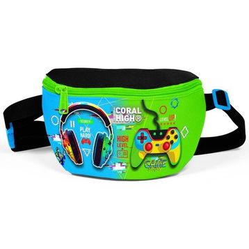 Coral High 11559 Kids Siyah Fosforlu Yeşil Kulaklık Game Desenli Bel Çantası