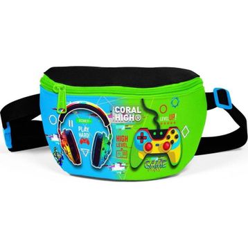 Coral High 11559 Kids Siyah Fosforlu Yeşil Kulaklık Game Desenli Bel Çantası