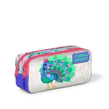 Coral High 12060 Kids Gümüş Lavanta Tavus Kuşu Desenli İki Bölmeli Kalem Çantası