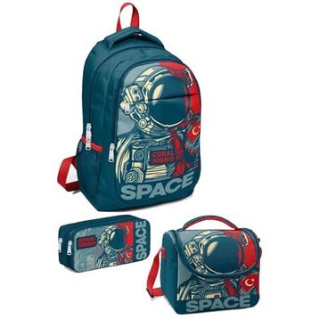 Coral High 123 Kids Çivit Kırmızı Astronot Desenli 3’lü Okul Çanta Seti