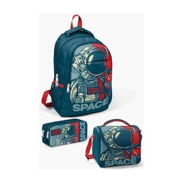 Coral High 123 Kids Çivit Kırmızı Astronot Desenli 3’lü Okul Çanta Seti
