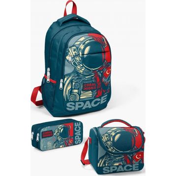 Coral High 123 Kids Çivit Kırmızı Astronot Desenli 3’lü Okul Çanta Seti