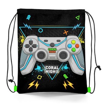 Coral High 12655 Kids Siyah Fosforlu Yeşil Gamer Desenli İpli Büzgülü Sırt Çantası