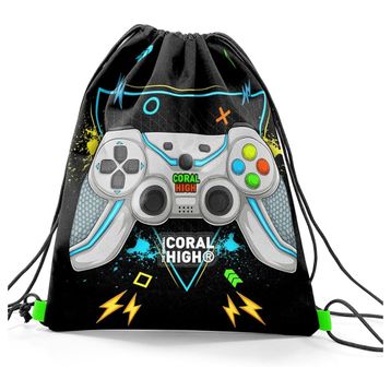 Coral High 12655 Kids Siyah Fosforlu Yeşil Gamer Desenli İpli Büzgülü Sırt Çantası
