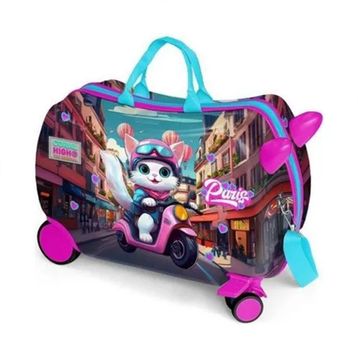 Coral High 16358 Kids Pembe Motorlu Kedi Desenli Otur-Çek Çocuk Valizi