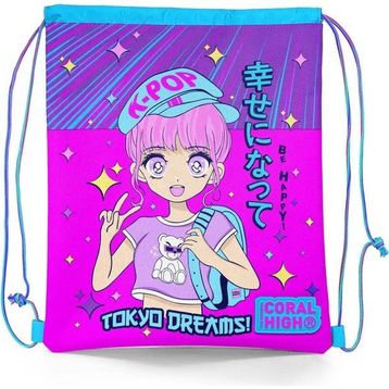 Coral High 22477 Kids Mor Pembe Mavi K-Pop Desenli İpli Büzgülü Sırt Okul Çantası