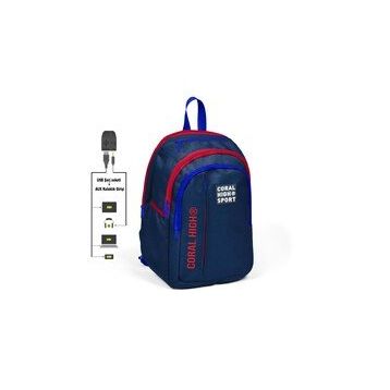 Coral High 23242 K112 Sport Lacivert Kırmızı Beş Bölmeli Usb Şarjlı Kulaklık Çıkışlı Sırt Çantası
