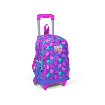 Coral High 23359 K121.1 Kids Lavanta Pembe Kalp Desenli Işıklı Tekerlekli Üç Bölmeli Çekçekli Sırt Çantası
