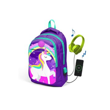 Coral High 23415 KK118.0 Kids Mor Unicornlu Üç Bölmeli Usb Şarjlı Kulaklık Çıkışlı Sırt Çantası
