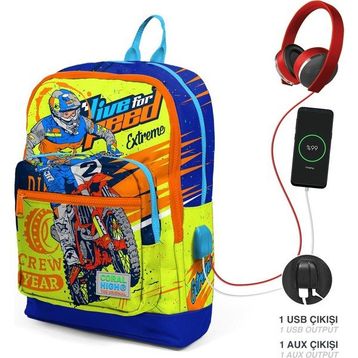 Coral High 23842 Kids Fosforlu Sarı Saks Motorsiklet Desenli Dört Bölmeli Usb'li Okul Sırt Çantası